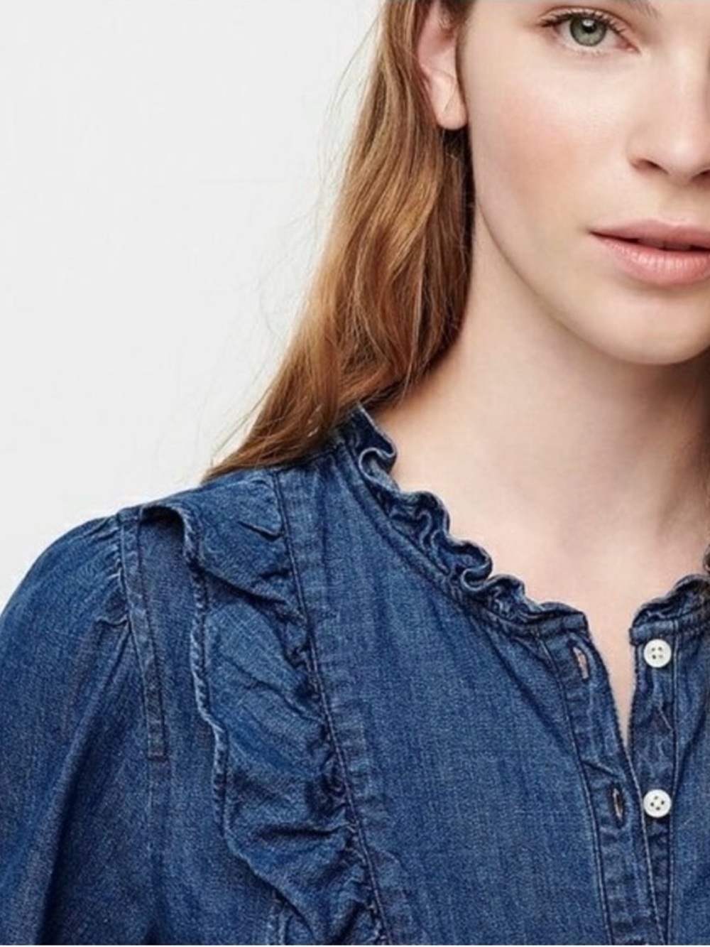 J. Crew Denim Ruffle Bib Popover Long Sleeves Top Preppy Size Small - Picture 2 of 9
